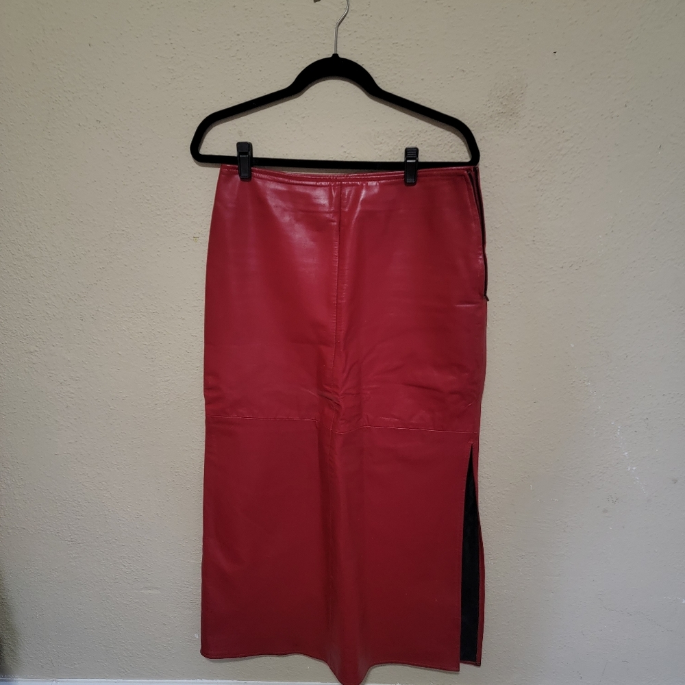 Vintage red leather ankle length skirt